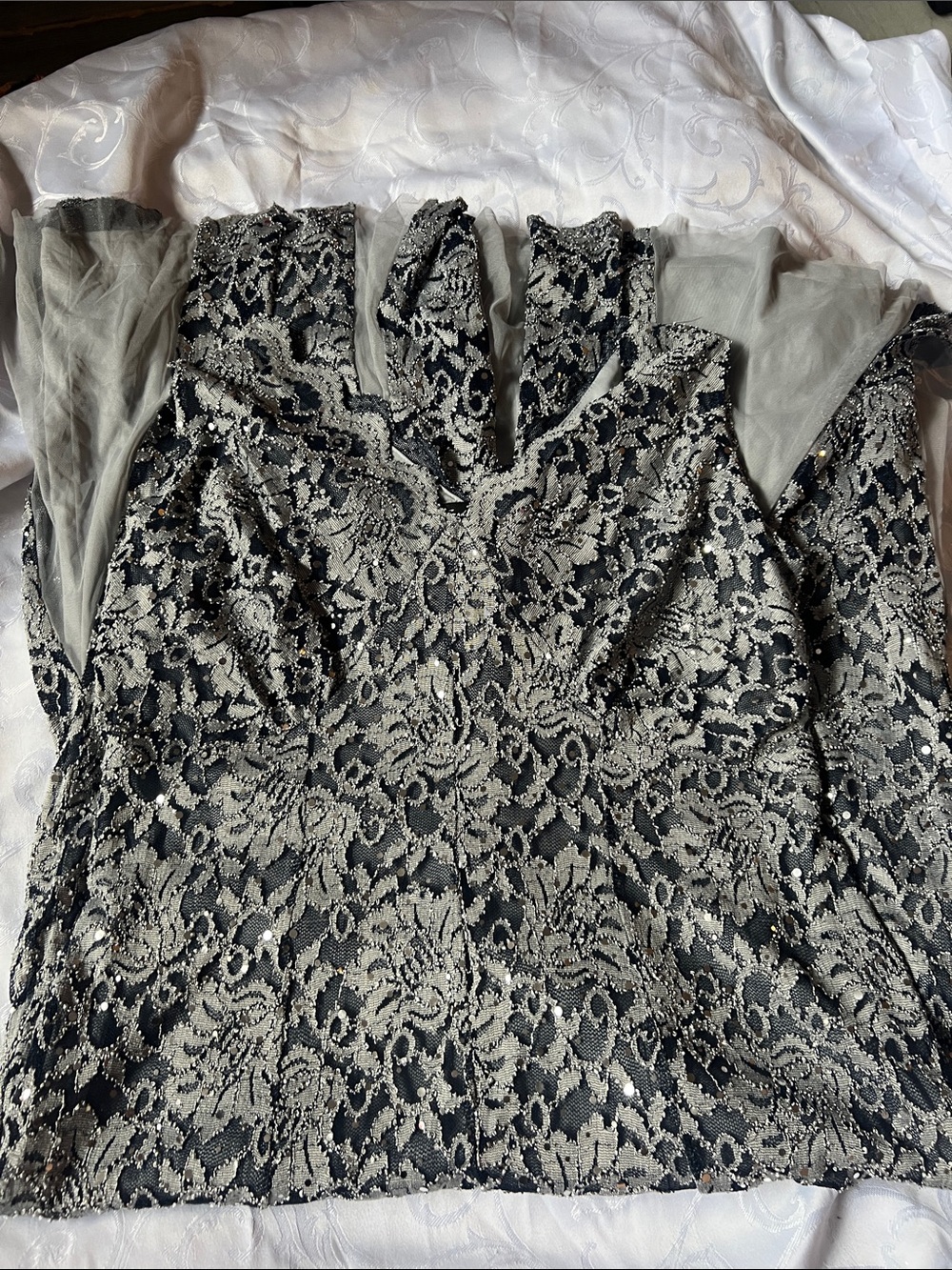 Black Lace & Silver Sequin Maxi Dress with Sheer Sleeves